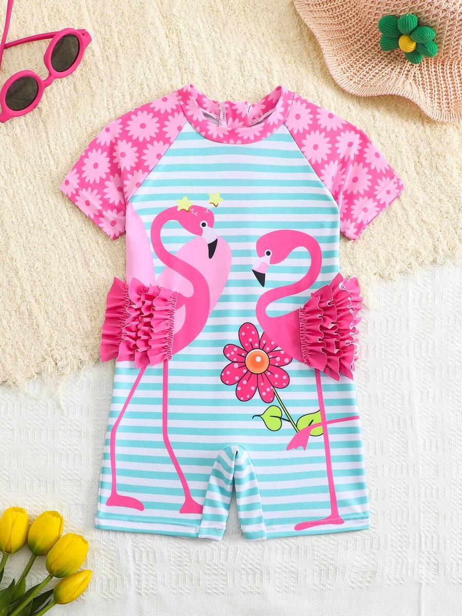 SHEIN Baby Girls Cute Flamingo Floral Print Short Sleeve One-Piece Swimsuit - Multicolor - View 1