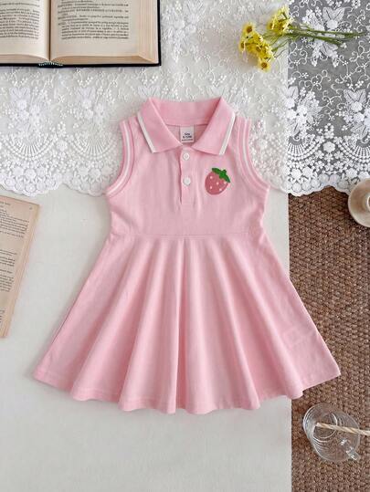 SHEIN Playful Pals Baby Girls' Striped Trim Collar Sleeveless Dress, Summer Baby Girls' Pink Strawberry Embroidery Polo Collar Waist Fit & Flare Dress, Summer Baby Girls' Summer Dress Baby Girls' Pink Dress Girls' School Style Dress Baby Girls' Sweet Princess Summer Dress Baby Girls' Pearl Fabric Dress