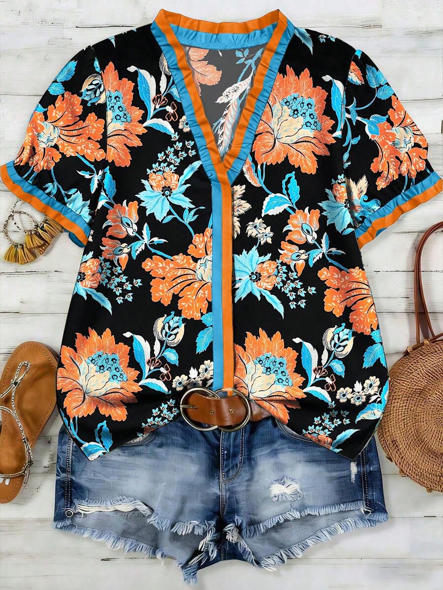 EMERY ROSE Women's Woven Printed Summer Blouse For Ladies - Black - View 1