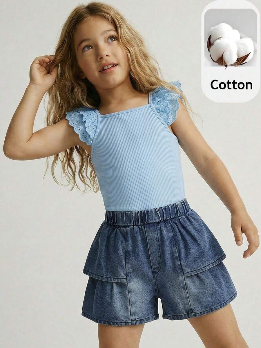 Maija Kids 2pcs Young Girls Light Blue Top And Denim Shorts Set,Summer School Style Casual Kids Outfits For Girls,Back To School Outing Daily Wear Coords - Blue - View 1