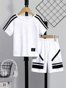 Genkimix Kids Bộ áo thun dài tay raglan cổ tròn kẻ sọc dáng rộng thoải mái cho bé trai, thích hợp mặc mùa hè. - trắng - Xem 3