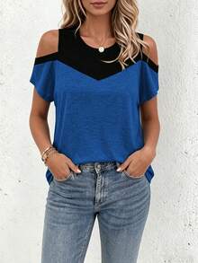 SHEIN LUNE CURVE Spring Summer Autumn Personalized Blue & Black Color Block Off-Shoulder Design Holiday Commute Casual Elegant Multi-Occasion Plus Size T-Shirt - Blue - View 6