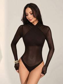 SHEIN PETITE Áo liền thân lưới màu trơn gợi cảm dành cho nữ, áo tay dài xuyên thấu, áo lưới tay dài, áo xuyên thấu màu đen, áo lưới đen, mùa thu, áo liền thân màu đen - màu nâu - Xem 4