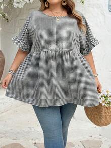 SHEIN CURVE+ Curve 加大码 US22 音乐节、海滨度假、波西米亚风 CURVE PLUS / / 女士格纹印花衬衫，适合春夏波西米亚风度假，休闲娃娃风衬衫 - 黑與白 - 查看 5