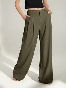 Tall Pantalones anchos de cintura alta plisados de estilo empresarial sexy y casual - Pantalones sueltos de unicolor elegante, ropa profesional de oficina, pantalones de trabajo con co - Verde militar - Ver 8