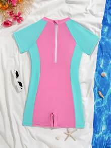 Maiô de Manga Raglan com Zíper nas Costas e Recortes Coloridos para Meninas Pré-Adolescentes, Adequado para Surfe, Esportes, Verão, Praia, Piscina, Férias - Multicolorido - Visão 3