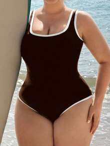 Swim SPRTY Traje de baño deportivo de una pieza de unicolor con espalda hueca para mujer de talla grande - Café integral - Ver 4