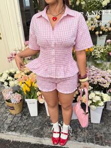 GalTyme Pink Collared Short Sleeve Top And Shorts 2 Pieces Set, Waist Cinched, Plus Size - Pink - View 5