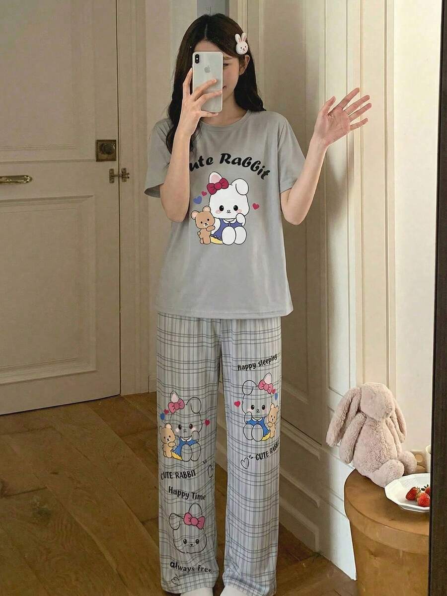 SHEIN Set Piyama Anak Perempuan Motif Kelinci Lucu, Kartun Hewan Grafiti, Atasan Leher Bulat Warna Pink & Celana Kotak-kotak Abu-abu, Palet Warna Musim Panas yang Lembut, Musim Panas, Lucu, Pakaian Rumahan, Tidur - Grey - View 1