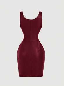 SHEIN MOD Đầm da PU ôm dáng, không tay, cổ vuông, màu trơn dành cho nữ. - Màu Đỏ Sâu - Xem 6