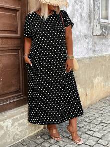 SHEIN CURVE+ Plus Size Women's Polka Dot Print Pocketed Short Sleeve Dress - Black - View 3