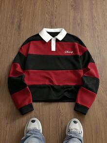 SWAVVY Men's Letter Embroidery Patchwork Casual Versatile Commuting Long Sleeve Polo Shirt - Black - View 2