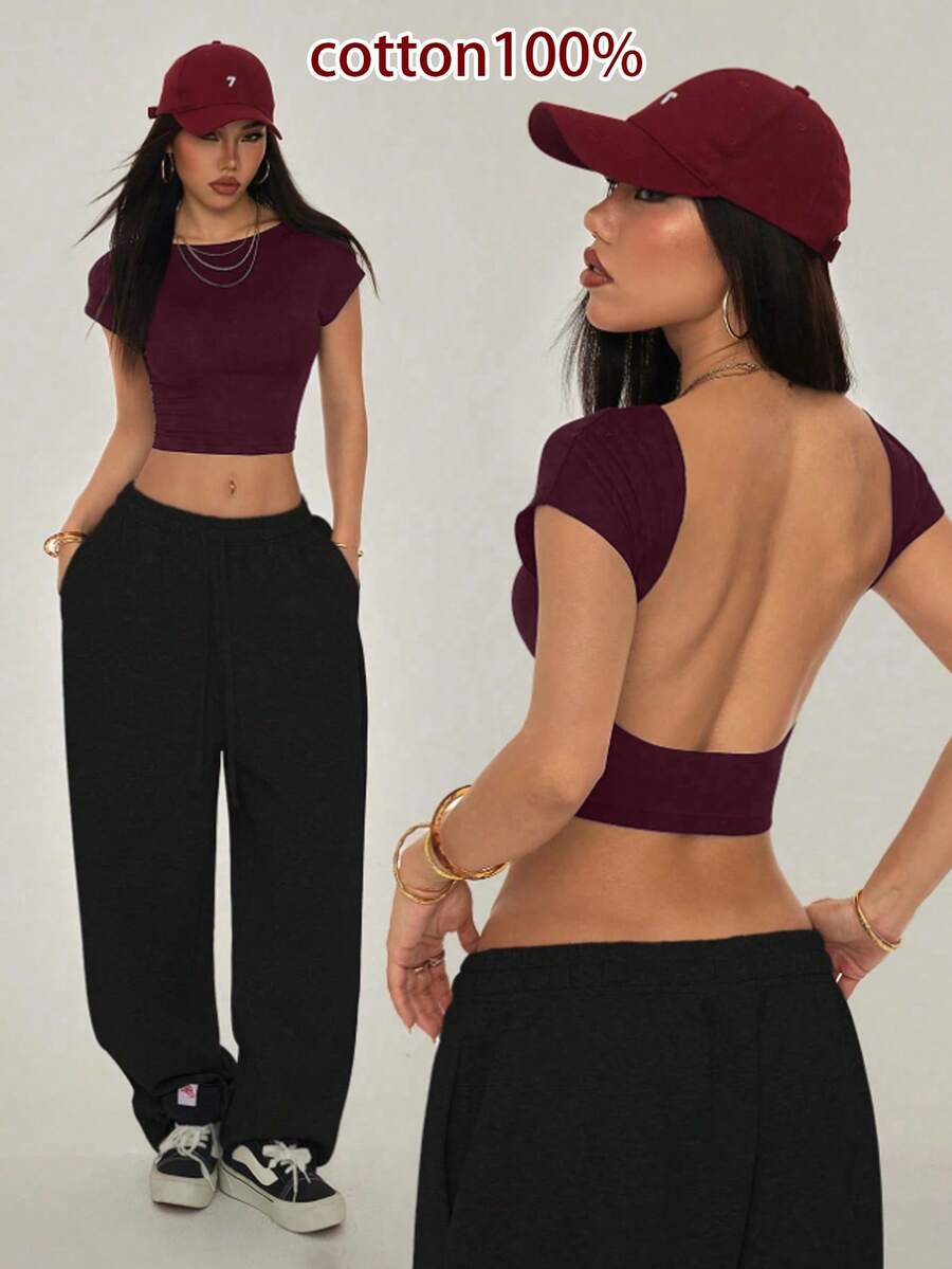 SHEIN PETITE Áo thun croptop hở lưng màu trơn phong cách đường phố dành cho nữ - Màu Đỏ Sâu - Xem 1