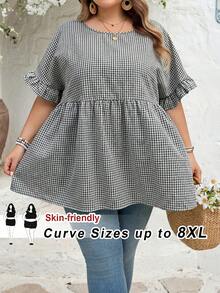 SHEIN CURVE+ Curve 加大码 US22 音乐节、海滨度假、波西米亚风 CURVE PLUS / / 女士格纹印花衬衫，适合春夏波西米亚风度假，休闲娃娃风衬衫 - 黑與白 - 查看 9