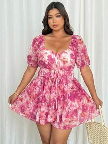 Flirla Bộ áo liền quần dáng chữ A hai lớp, cổ vuông, eo thon, phong cách nữ tính lãng mạn, cỡ lớn. - Hồng - Xem 3