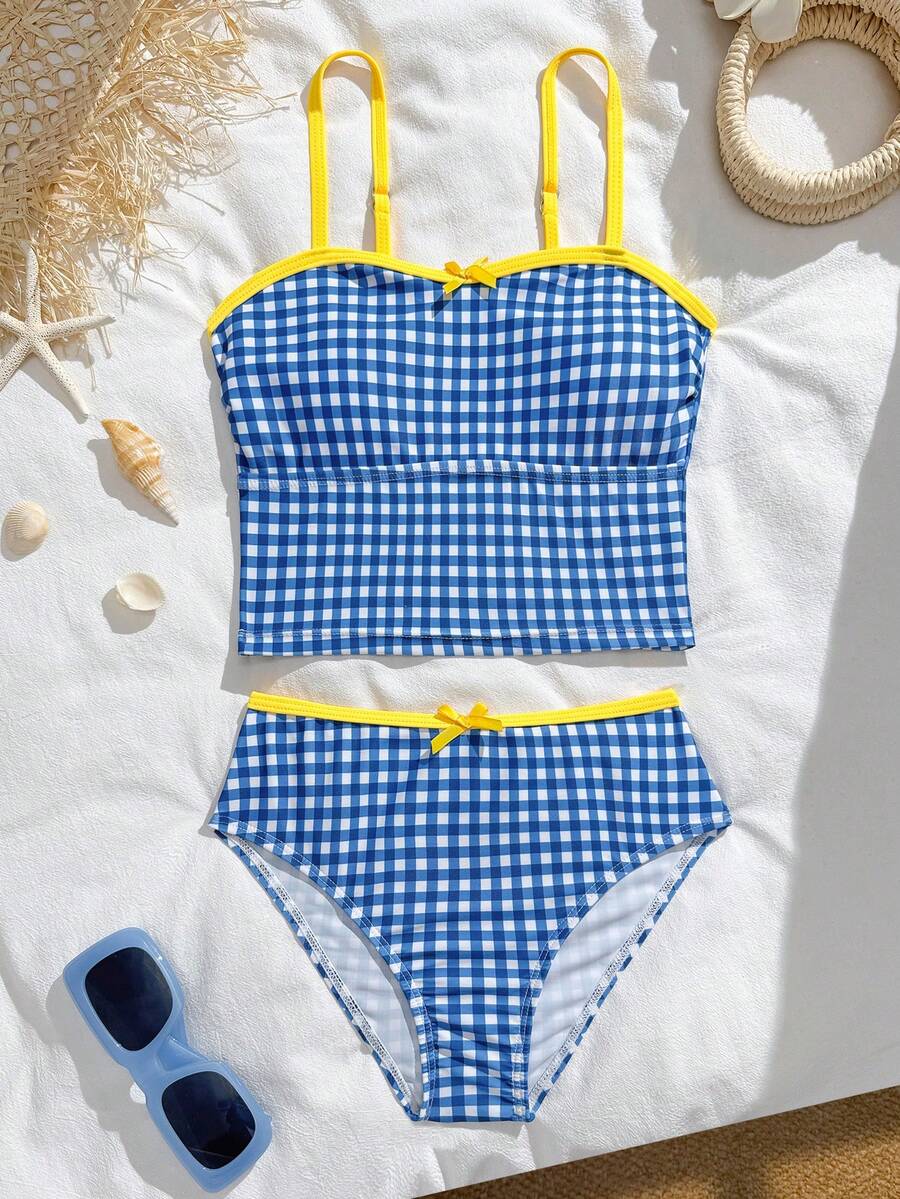 SHEIN Tween Girl Vintage Plaid Print Ruffle Bow Decor Cute Swimwear Set, Suitable For Summer, Vacation, Beach, Swimming Checked Swim Suit Tween Checkered Swimwear Girls Preppy Bathing Suits Checkered Bathing Suit Bikini Set Two Pieces Bathing Suit Girls Matching Sets Vacation Matching Swimwear Mom Daughter - Multicolor - View 1