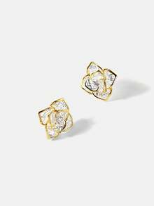 MOTF Anting-anting Temperamen Zirkonium Bertatahkan Bunga Berongga Dua Warna Berlapis Emas 18K - MultiWarna - View 4