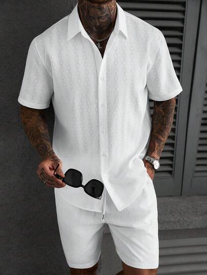 Manfinity CasualCool Men's Vacation 2-Piece Set, Loose Fit Short Sleeve Collared Shirt + Drawstring Waist Casual Shorts, Linen Blend Outfit, Suitable For Beach, Vacation, Daily Wear