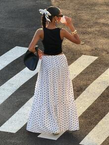 SHEIN PETITE CURVE Plus Size Summer Women Women's White Polka Dot Casual Vacation Skirt For Going Out Outfits, Streetwear, Y2K Clothes, Spring/Summer, White Boho Skirt, Summer Maxi Skirt - Black and White - View 3