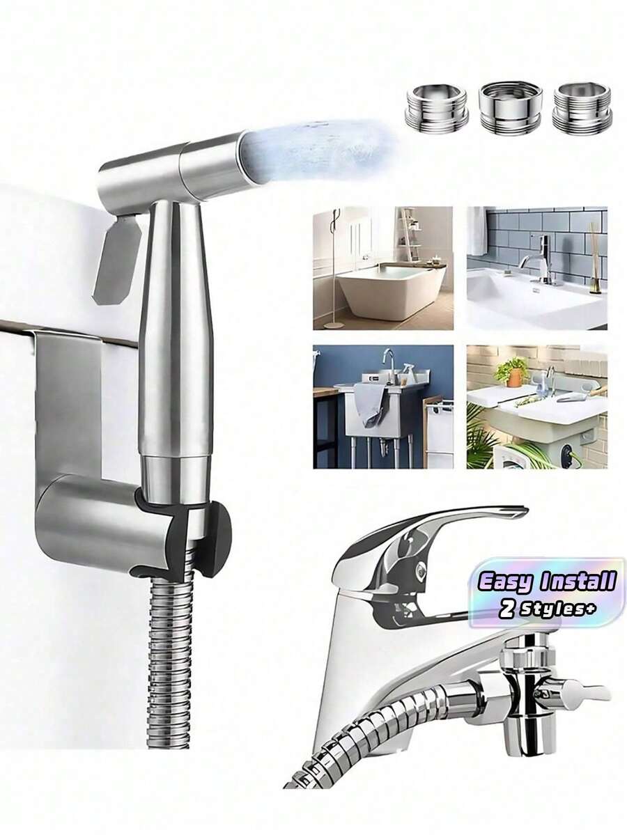 High Pressure Bidet Sprayer Kit - 304 Stainless Steel Toilet Cleaner With Faucet Connector For Bathroom - Silver - View 1