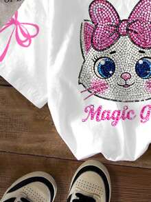 Kaos T-Shirt Kasual Anak Perempuan Remaja dengan Motif Kartun Kucing Mengkilap dan Tekstur, Dekorasi Pita Merah Muda, Ukuran Besar, Cocok untuk Musim Panas - MultiWarna - View 6