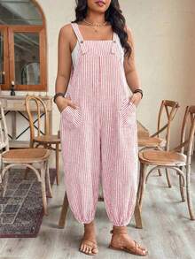 GlowEve CURVE Plus Size Women's Elegant Striped Pocket Jumpsuit With Drawstring, Suitable For Work And Commute, Spring/Summer - Pink - View 3