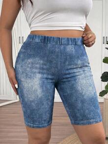 SHEIN Frenchy Pantalones cortos elásticos de cintura alta con textura azul natural para mujer talla grande - Multicolor - Ver 3