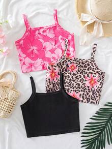 SHEIN Genkimix Kids 3件套少女碎花印花纯色吊带背心，简约时尚度假风背心 - 彩色 - 查看 2