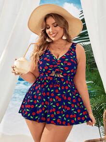 Swim Lushoire Vestido de traje de baño con estampado de cerezas para mujer de talla grande para vacaciones - Azul marino - Ver 5