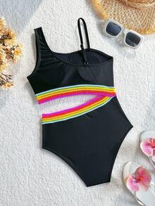 SHEIN 女童纯黑色舒适针织连体泳衣，饰有彩色编织滚边，适合海滩、度假和夏季活动 - 彩色 - 查看 2