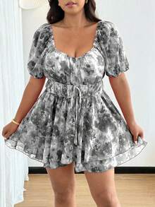 Flirla Plus Size Romantic Girly Style Square Collar Cinched Waist Double-Layer A-Line Jumpsuit - Black - View 1
