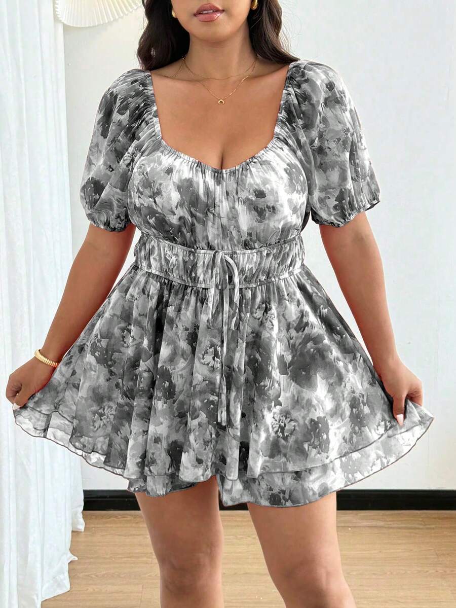 Flirla Plus Size Romantic Girly Style Square Collar Cinched Waist Double-Layer A-Line Jumpsuit - Black - View 1