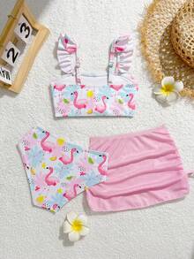 SHEIN Vintaside Kids 女童火烈鸟花卉印花吊带泳衣套装，含罩衫和迷你裙三件套 - 粉色 - 查看 2