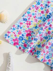 SHEIN Playful Pals 1 pieza Traje de baño de una sola pieza con volantes, estampado floral y cuadros azules para niñas, adecuado para playa, piscina, , vacaciones, verano, viajes - Multicolor - Ver 5