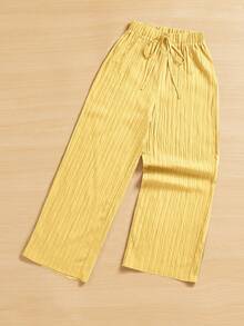 SHEIN Essnce Summer Casual Textured Wide Leg Capri Pants - Yellow - View 5