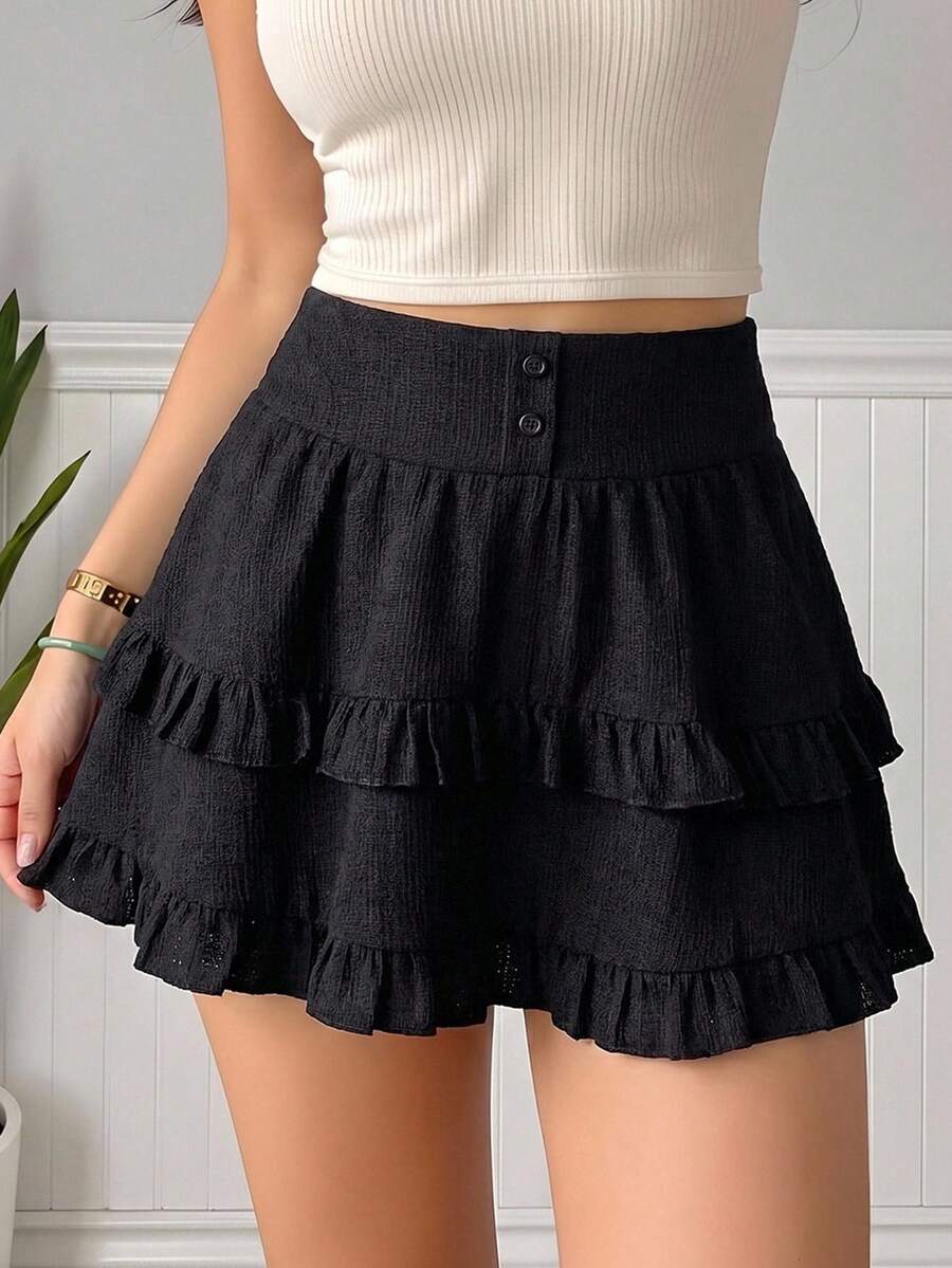 Women's Black High Waisted Ruffle Detail Short Skirt - Black - View 1