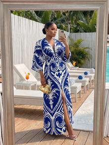 SHEIN Lady CURVE Đầm nghỉ mát tay lửng xẻ tà in hình cây cọ dành cho nữ cỡ lớn - Nhiều màu - Xem 4