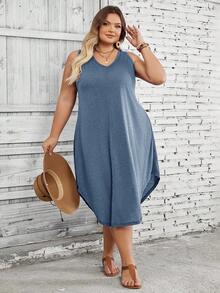 SHEIN CURVE+ Plus Size Women's Solid Color Curved Hem Vest Dress - Dusty Blue - View 4