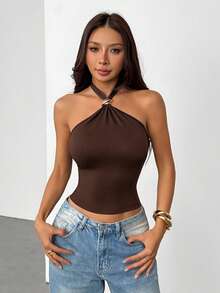 SHEIN PETITE 女款純色金屬裝飾時尚修身掛脖上衣，適合演唱會、節慶派對，夏季上衣，適合嬌小女性 - 咖啡棕 - 查看 3