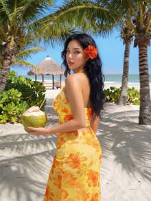 Sweetina 度假性感花卉印花不对称金属装饰女士背心 - 黃色 - 查看 2