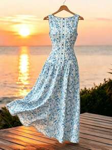 Selianne Women's White Floral Summer Elegant Sexy Holiday Vacation Maxi Dress,Sleeveless Round Neck Waist-Cinched Ruffle Decor Contrast Button Golf - Aqua Blue - View 3