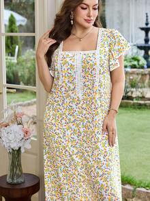 Al Najma Plus Size Women's Ditsy Floral Square Neck Ruffle Sleeve Arabic Style Dress - Multicolor - View 1