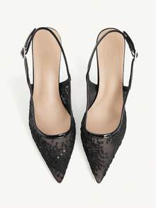 CUCCOO CHICEST Giày nữ mũi nhọn, gót nhọn, màu đen, phối ren lưới, thời trang, tiện dụng, thanh lịch, gợi cảm, giày cao gót nữ, giày slingback, giày nữ. - Màu đen - Xem 2