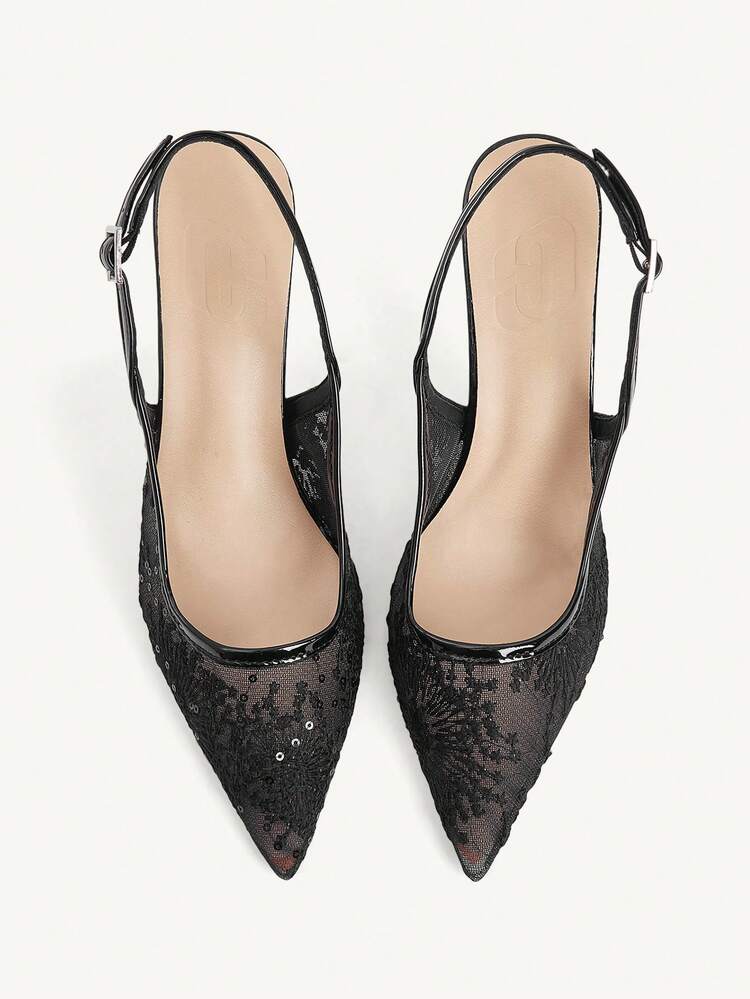 CUCCOO CHICEST Women Shoes Pointed Stiletto Black Lace Mesh Fashion Commuter Versatile Elegant Sexy Women's High Heel Shoes Slingback Shoes Women's Shoes