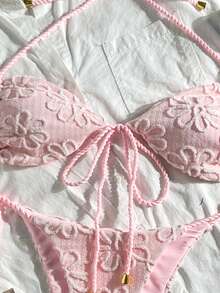 Swim Mod Summer Women 2pcs Textured Fabric Rope Tie Crop Top And Pants Swimwear Set - Pink - View 5
