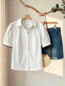 EMERY ROSE Shell Embroidered Casual Minimalist All-Over Print Plus Size Shirt Gym Brown Summer - Multicolor - View 5