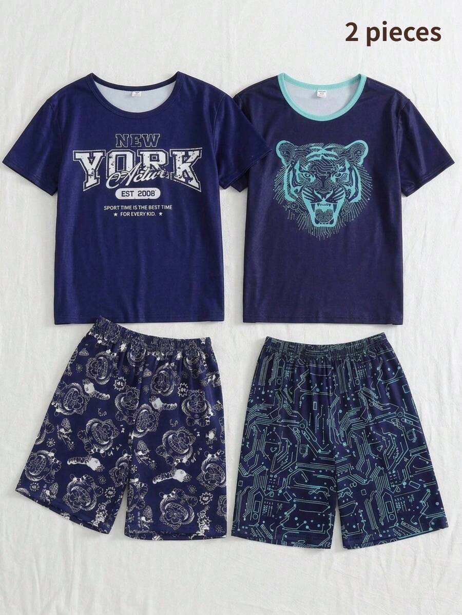SHEIN 男士休闲字母和游戏机印花短袖T恤和短裤睡衣套装(2件套) - 藏蓝色 - 查看 1