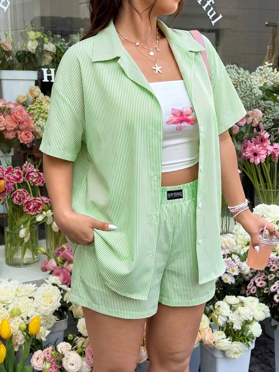 GalTyme 大码女式条纹单排扣短袖上衣和短裤休闲日常两件套 - 綠色 - 查看 1