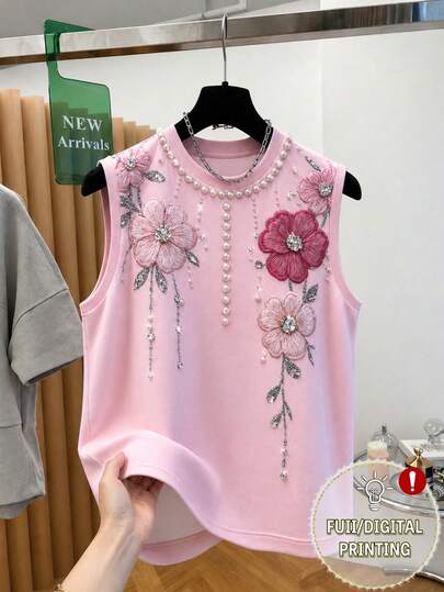 Women's Round Neck Casual Top With Faux Pearl & Floral Embroidery Decor, Versatile For Daily Casual, Commuting, Dating, Party, Home, Outdoor, Afternoon Tea, Beach Vacation, Outing And Various Occasions
