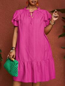 SHEIN CURVE+ Plus Size Solid Color Tie Neck Floucne Sleeve Ruffled Hem Dress,Sundress - Hot Pink - View 6